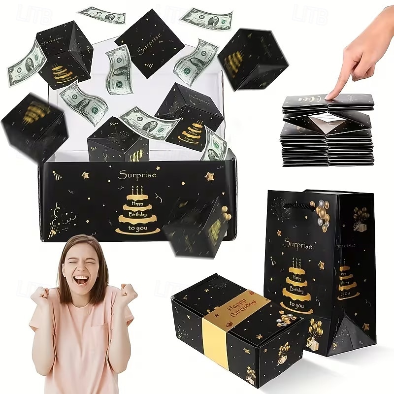 Overraskelseshoppeske bursdagsgaveeske med penger og konfetti - morsomt pop-up-design, svart med gulldetaljer, perfekt til bursdag eller spesielle anledninger, gaveeske til feiring 2026 - $13.99 –P1