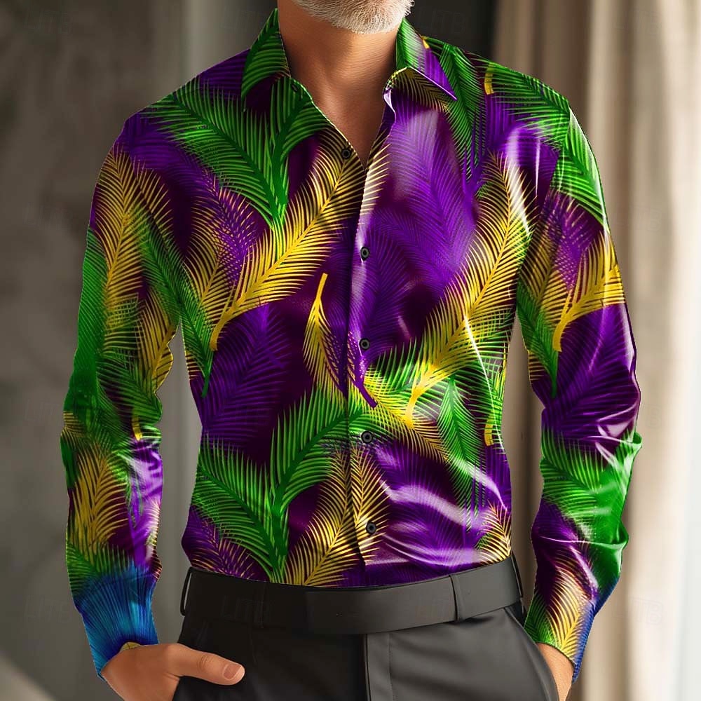 Mardi Gras Pánské Barevná Karneval Maska s peřím Košile Saténová košile Košile k obleku Dlouhý rukáv Móda pro volný čas Párty Dovolená Léto Jaro Přehnutý 3D tisk Košile na knoflíky Černá Fialov 2026 - $29.99 –P3