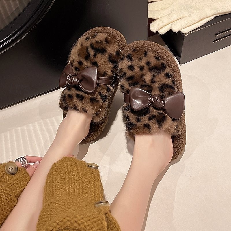 Varme bomullstøfler med tykk såle og sløyfe, plysjtøfler med lukket tå for kvinner, innendørs og utendørs, pelskledde slip-on-sko med ekstra fleece 2026 - $18.99 –P7