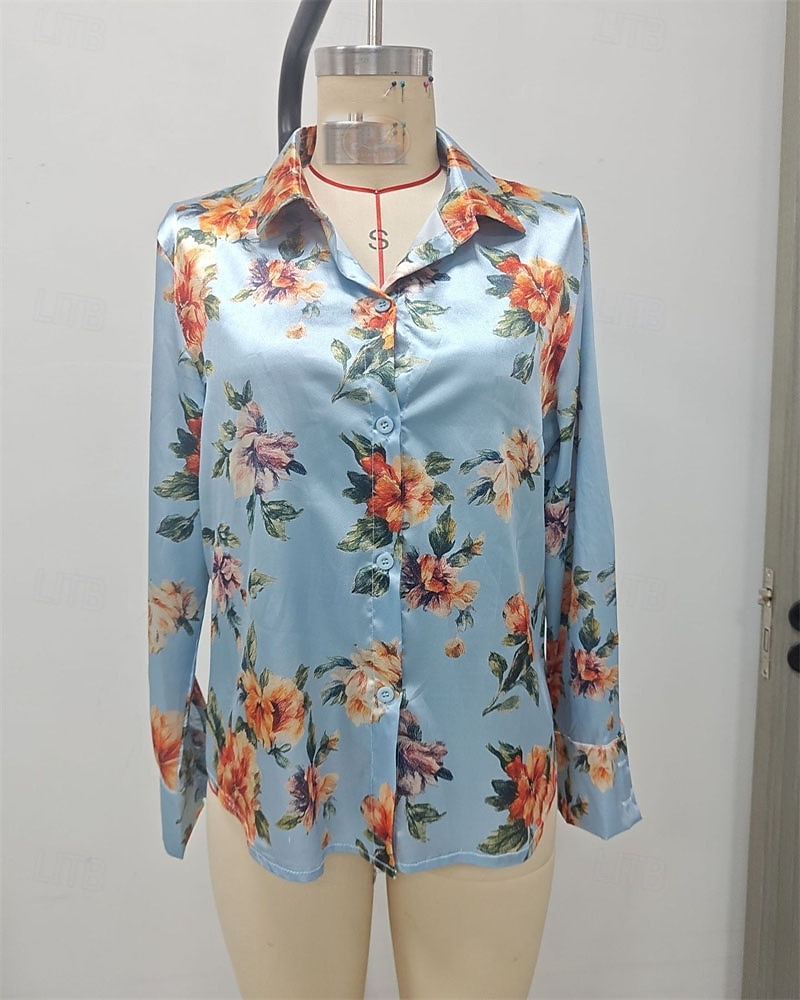 نسائي قميص أنيقة بلوزة من الساتان قمم الصيف مكشكش بقع طباعة ورد الرسم سهل أنيق عتيق سيدات كم طويل قبعة القميص قمصان عادية مناسب للبس اليومي عمل مناسب للعطلات أزرق الصيف الربيع 2026 - $26.99 –P5