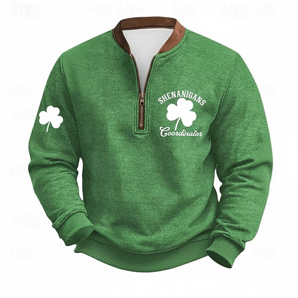 St. Patrick's Day Men's Shamrock St. Paddy's Day Sweatshirt Sweatshirt Fashion Streetwear Daily Classic Long Sleeve Quarter Zip Outdoor Going out Festival Dark Green Green Army Green Printing Spring 2026 - $28.99 –P1