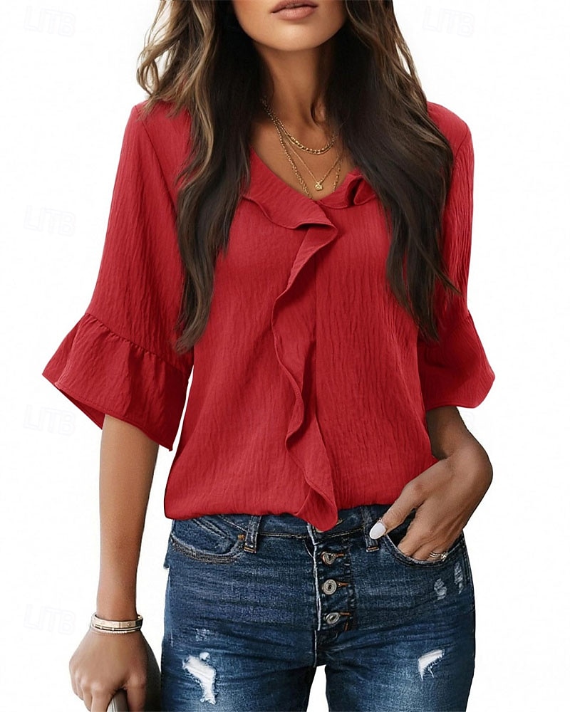 Γυναικεία Πουκάμισο Κομψή Σατέν Μπλούζα Μπλούζα Σουρωτά Με Βολάν Κουρελού Σκέτο Κομψό Βίντατζ Καθημερινά Μακρυμάνικο Λαιμόκοψη V Κανονικά μπλουζάκια Καθημερινά Δουλειά Αργίες 2026 - $25.99 –P1