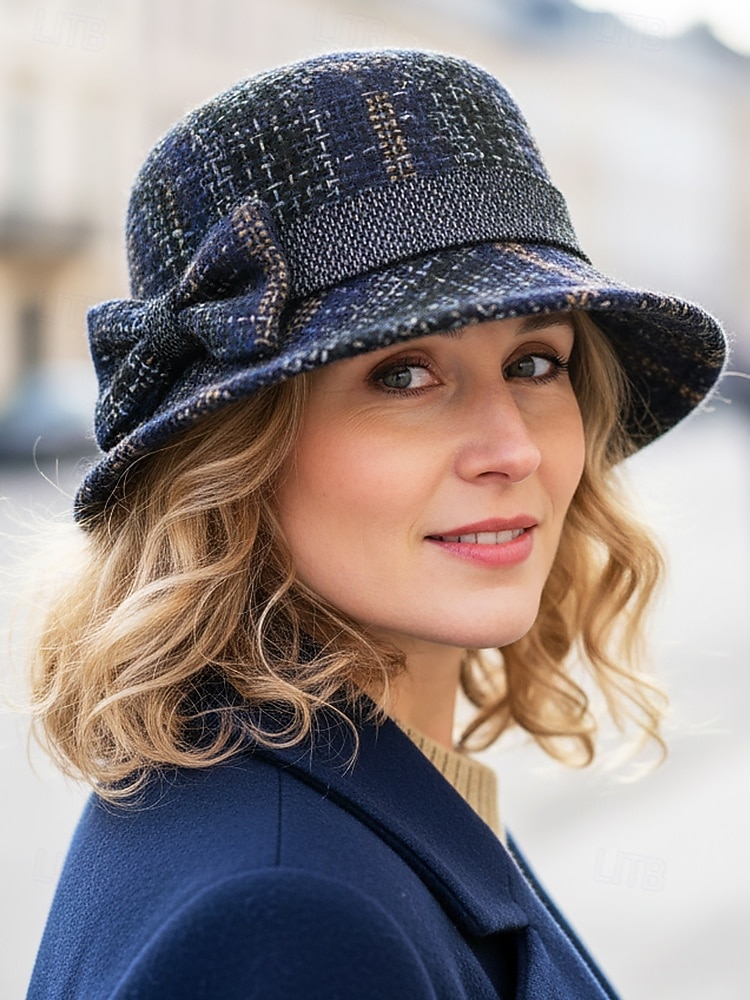 Damen-Mütze aus dickem Polyester mit Karomuster und Schleifendetail, erhältlich in verschiedenen Farben – perfekt für Herbst und Winter 2026 - $14.99 –P2