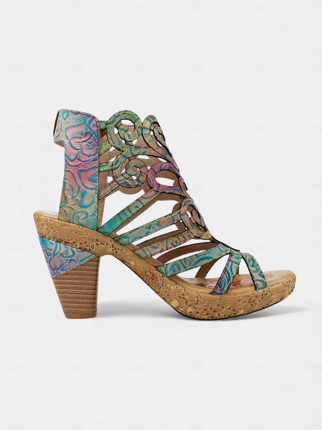 Bunte Damen-Sandalen aus Rindsleder mit lasergeschnittenem Blockabsatz und Klettverschluss im Boho-Gladiator-Stil für Gartenpartys, Festivals und besondere Anlässe. 2026 - $84.99 –P9