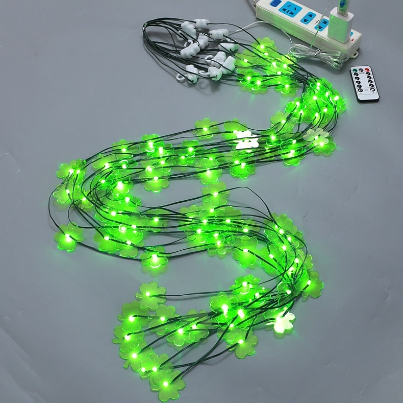 Irsk kløverlignende gardinlyslenke til St. Patricks dag, 3 m bredde, grønt lys, USB-drevet, 8 funksjoner med fjernkontroll, innendørs soverom, stue, balkong, festdekorasjon 2026 - $26.99 –P3