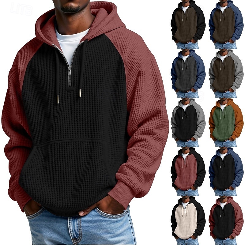 Voor heren Trui met capuchon Wafel Hoodies Stoppen Hoodie met kwartrits Zwart Leger Groen Rood Marineblauw Bruin Capuchon Kleurenblok Lapwerk Zak Casual Dagelijks Sport & Outdoor Streetwear 2026 - $36.99 –P1