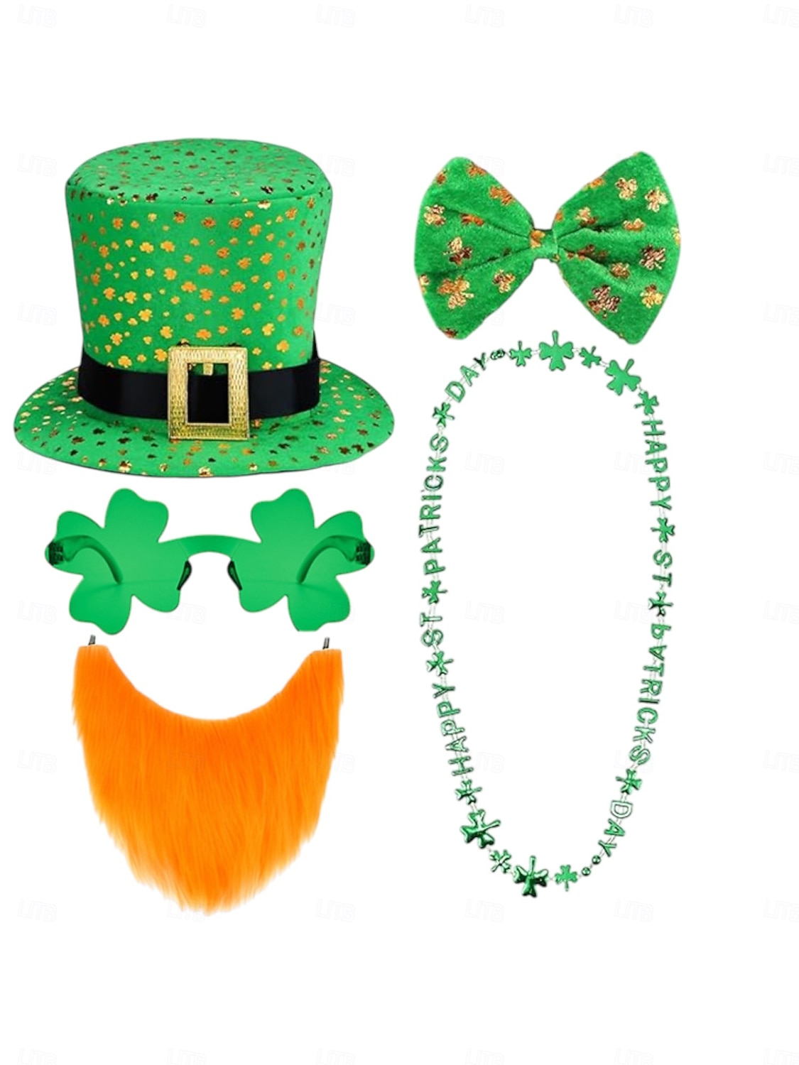 2026年 男性用聖パトリックの日のコスチュームセット - 緑のレプラコーンの帽子、蝶ネクタイ、ひげ、シャムロックのメガネ &お祝いの休日にぴったりのネックレス  コレクション – $19.99 –P3
