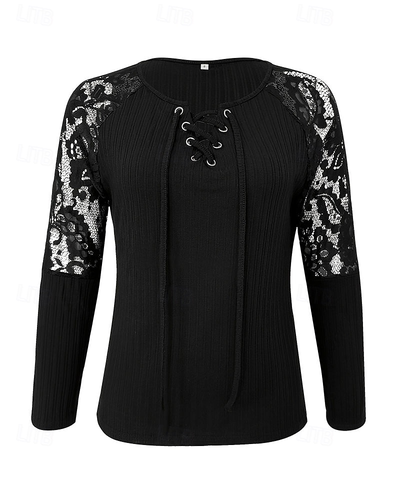 Per donna Blusa Pizzo Patchwork Semplice Elegante Manica Lunga Scollo a V Top Regolari Ferie Uscire Nero Estate Primavera Autunno del 2026 a $29.99 –P2