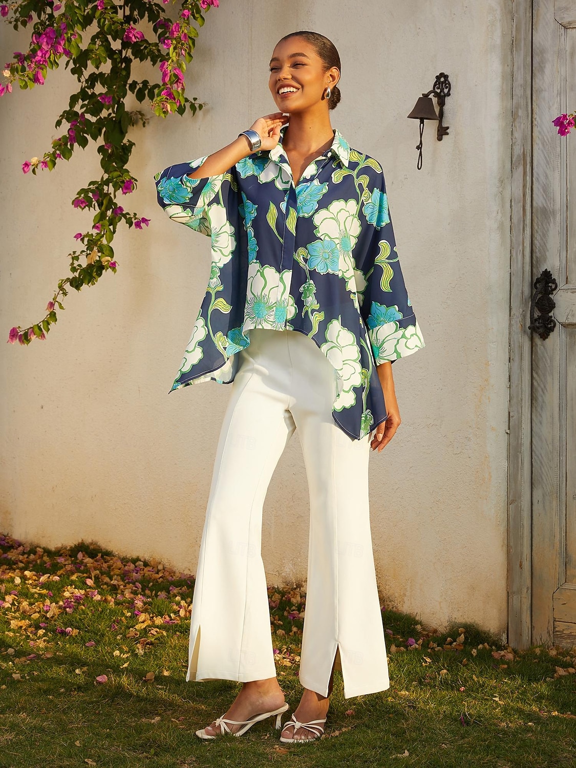 camicia corta in chiffon con stampa floreale verde da vacanza del 2026 a $79.99 –P1