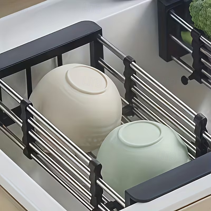 bővíthető rozsdamentes acél mosogató fölé helyezhető edénytartó &Összecsukható csepegtetőkosár konyhai szervező edényekhez, poharakhoz és zöldségekhez, többszintes kialakítás a hatékony mosáshoz és 2026 - $21.99 –P15