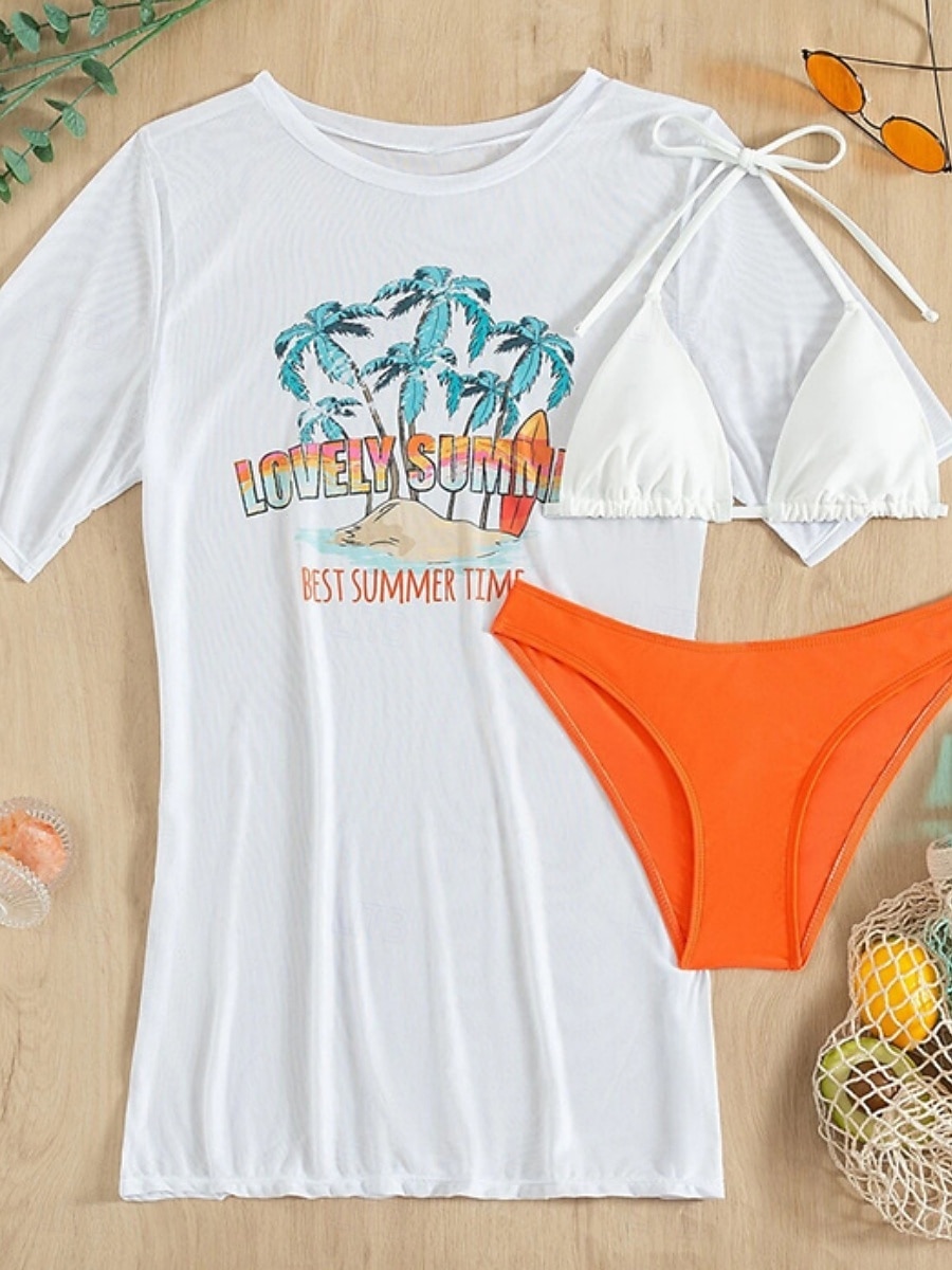 Женский купальник бикини из 3-х предметов пальмовые трусы облегающий без спинки для отпуска пляжная одежда графический халтер без рукавов 2026 - $21.99 –P2