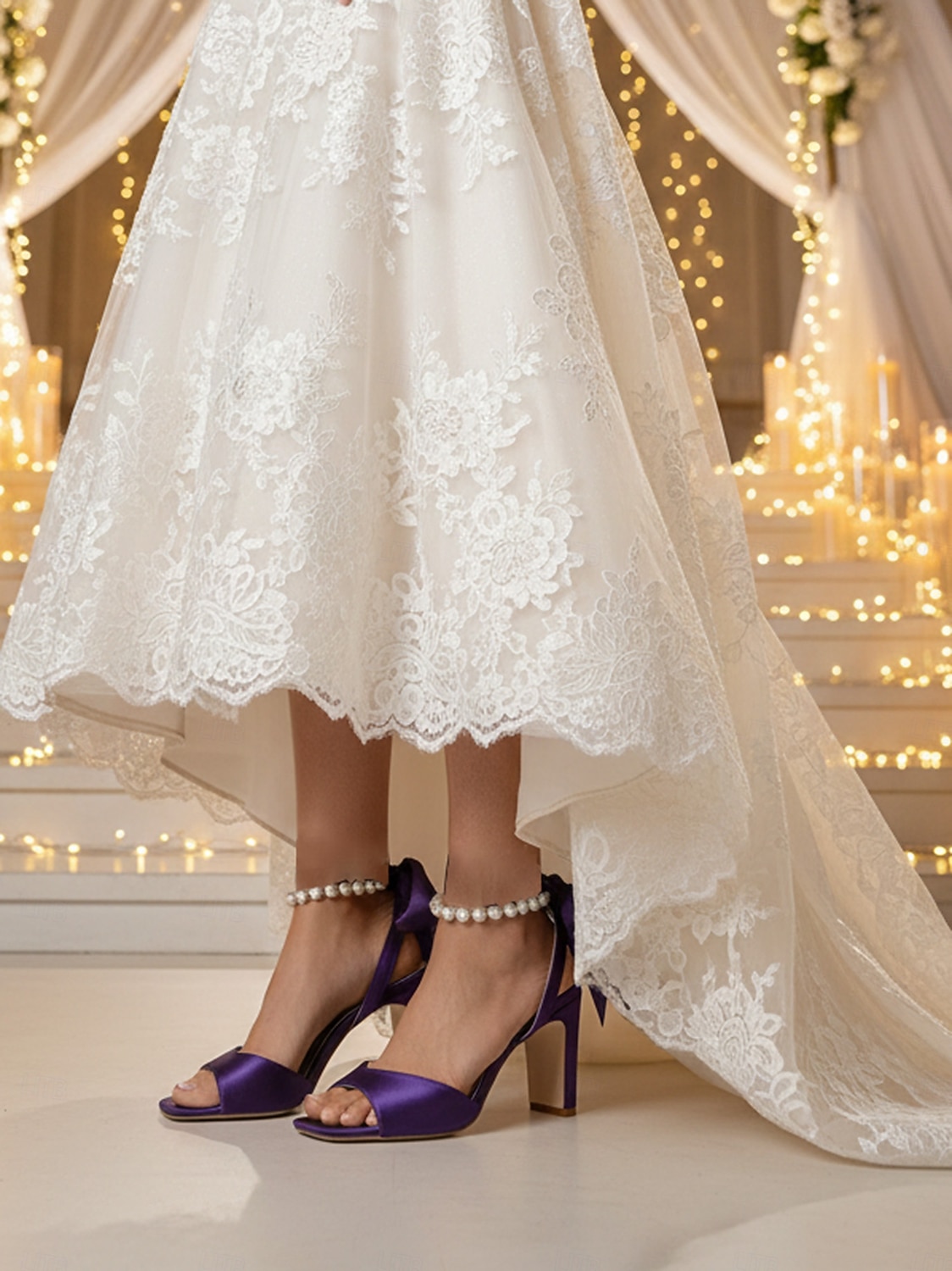 Damskie fioletowe satynowe szpilki ślubne z perłowym paskiem wokół kostki i kokardką, eleganckie sandały ślubne z odkrytymi palcami dla panien młodych, luksusowe buty na wysokim obcasie do ceremonii 2026 - $59.99 –P6