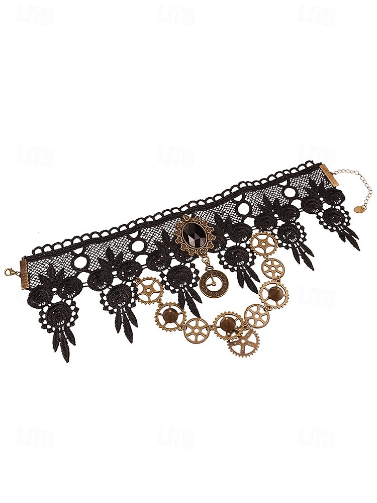 2026年 ウィメンズ マルディグラ ブラック レース スチームパンク チョーカーネックレスとブレスレットセット - ゴシックコスプレ、カーニバル、ハロウィンコスチューム用の合金ギアと時計ペンダント  コレクション – $18.99 –P8