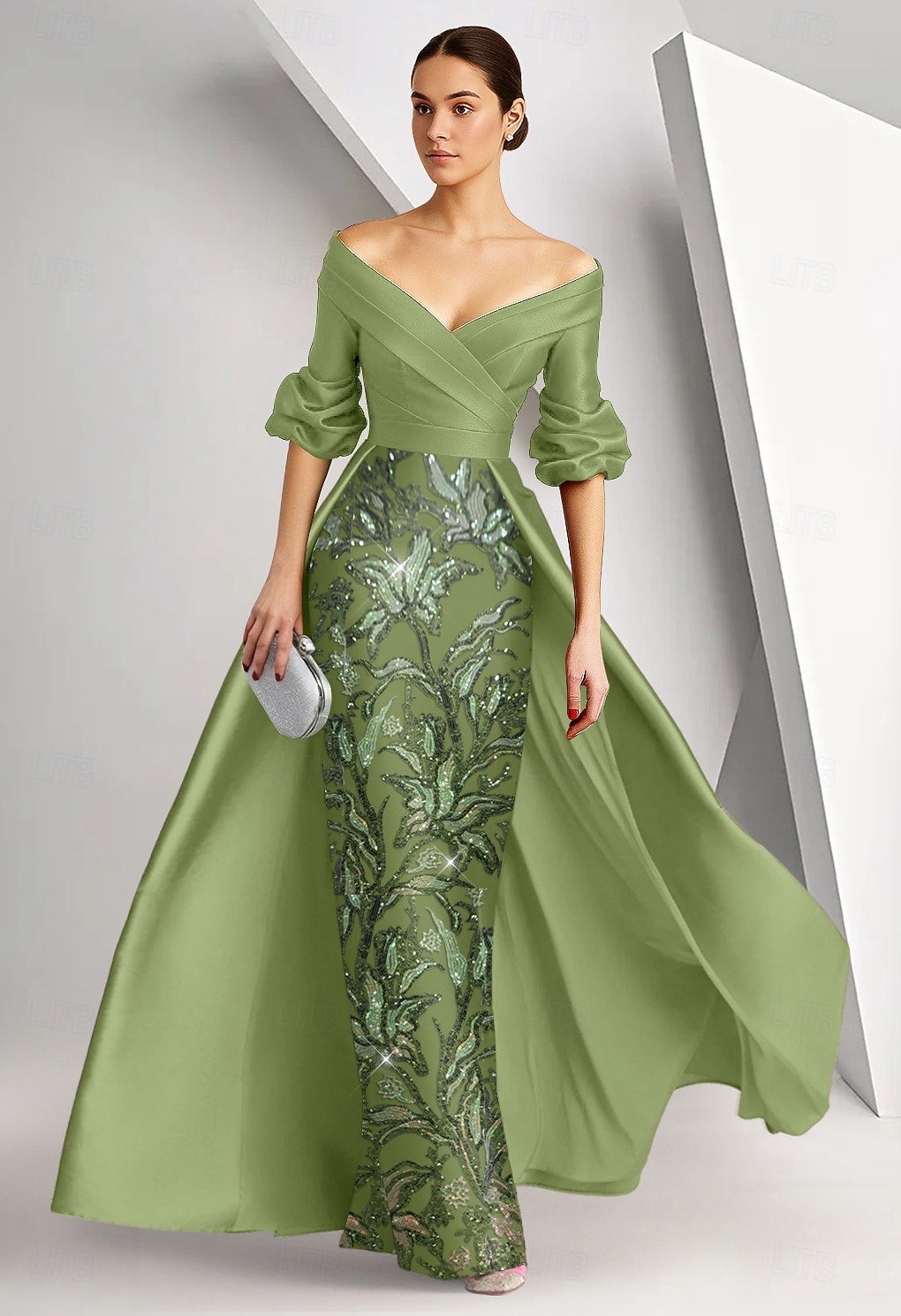 Linha A Tubinho Longo Bordado com miçangas Vestido formal Vestido para a mãe da noiva Vestidos de noite Vestido de baile com sobressaia Vestido formal Elegante Brilhante Manga 3/4 Ombro a Ombro de 2026 por $218.49 –P1