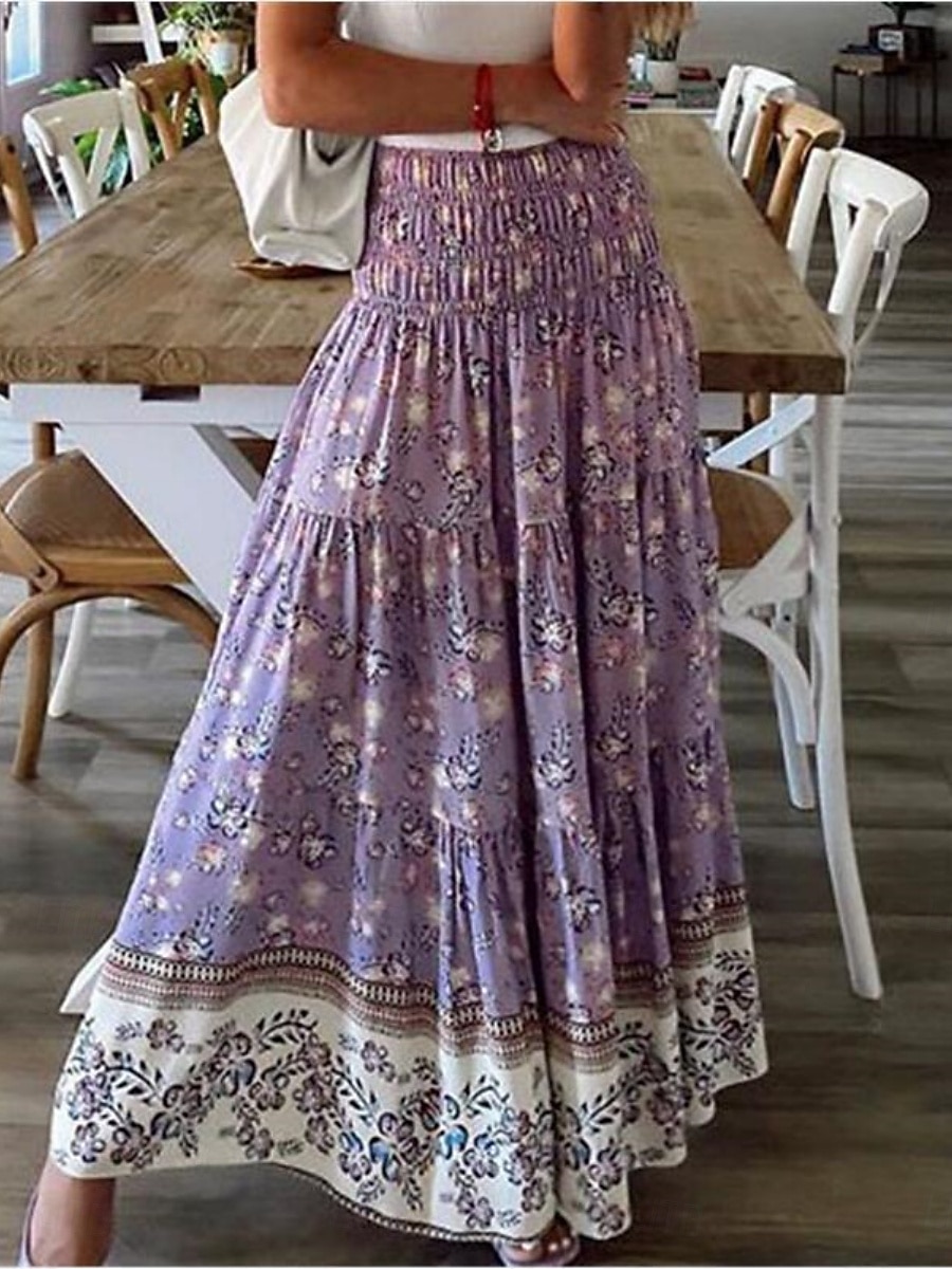 Mulheres Boêmia Moda Casual Longo Cintura Alta Saias Floral Imprimir Com Stretch Diário Rua Vermelho Azul Roxo Verde Primavera de 2026 por $28.99 –P2