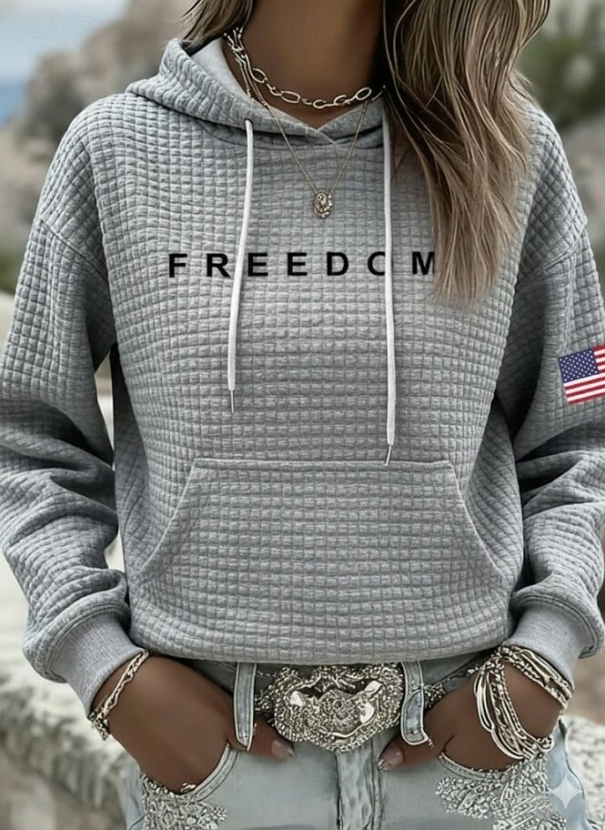 Hanorac pentru femei patriote de Ziua Independenței hanorac cu glugă grafic literă casual cu mânecă lungă ținute obișnuite stradă purtare zilnică cu buzunar imprimare negru alb gri primăvară toamnă 2026 - $24.99 –P3