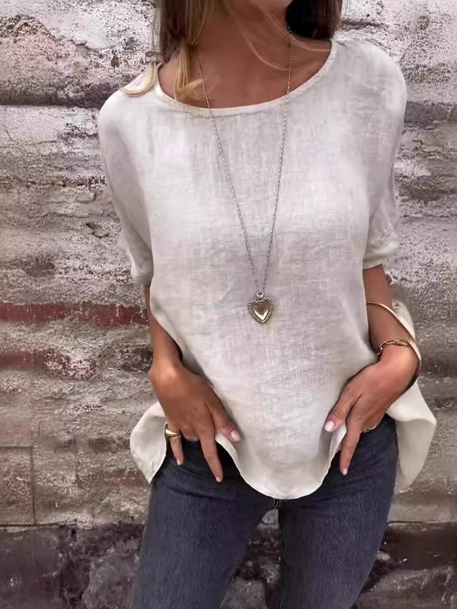 Mujer Blusa Lino de algodón sintético Color sólido Elegante Casual Media Manga Escote Barco Tops regulares Diario Blanco Amarillo Verde Trébol Verano Primavera 2026 - $21.99 –P5