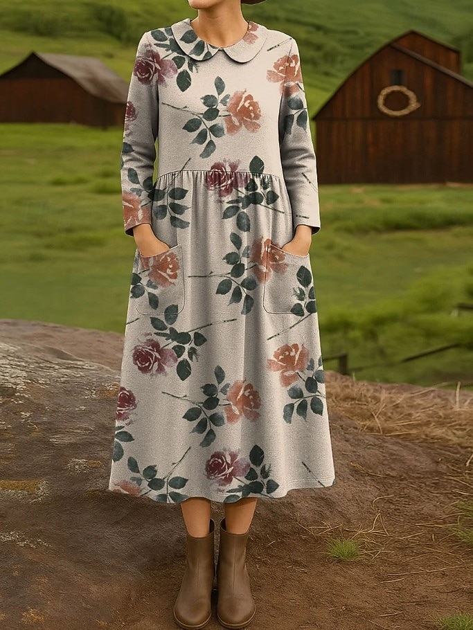 Per donna Abito Midi Tubino Abito Pieghettato Vacanza Casual Boho Ferie Abito Primaverile Vestibilità regolare Floreale Grafico Manica Lunga Girocollo Grigio rosa Arancione Primavera Autunno Inverno del 2026 a $43.99 –P2