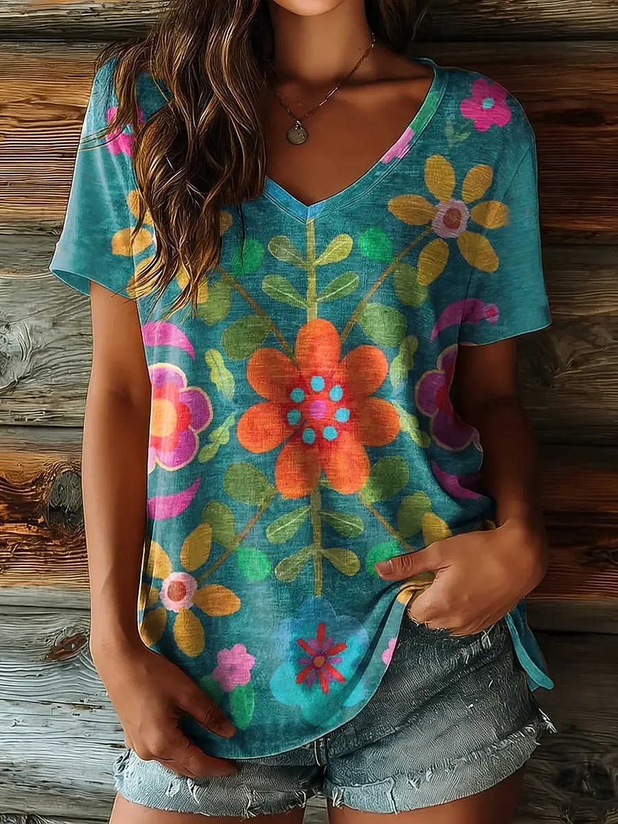 Pentru femei Tricou Imprimeu Floral Grafic Epocă Stilat Casual Manșon scurt În V Topuri obișnuite Zilnic Albastru piscină Roz Îmbujorat Mov Vară Primăvară 2026 - $21.99 –P1