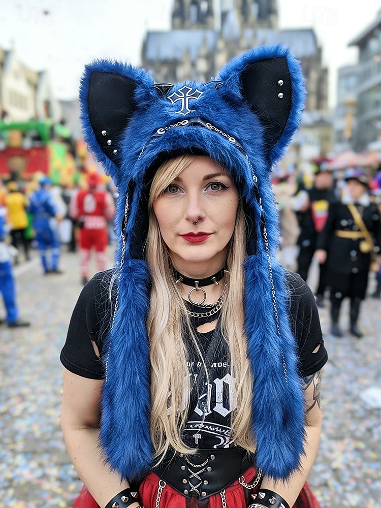 Dámská punková kožišinová čepice s kočkou na Mardi Gras v několika barvách trendy design s křížovými detaily perfektní pro karneval a maškarní plesy 2026 - $26.99 –P3