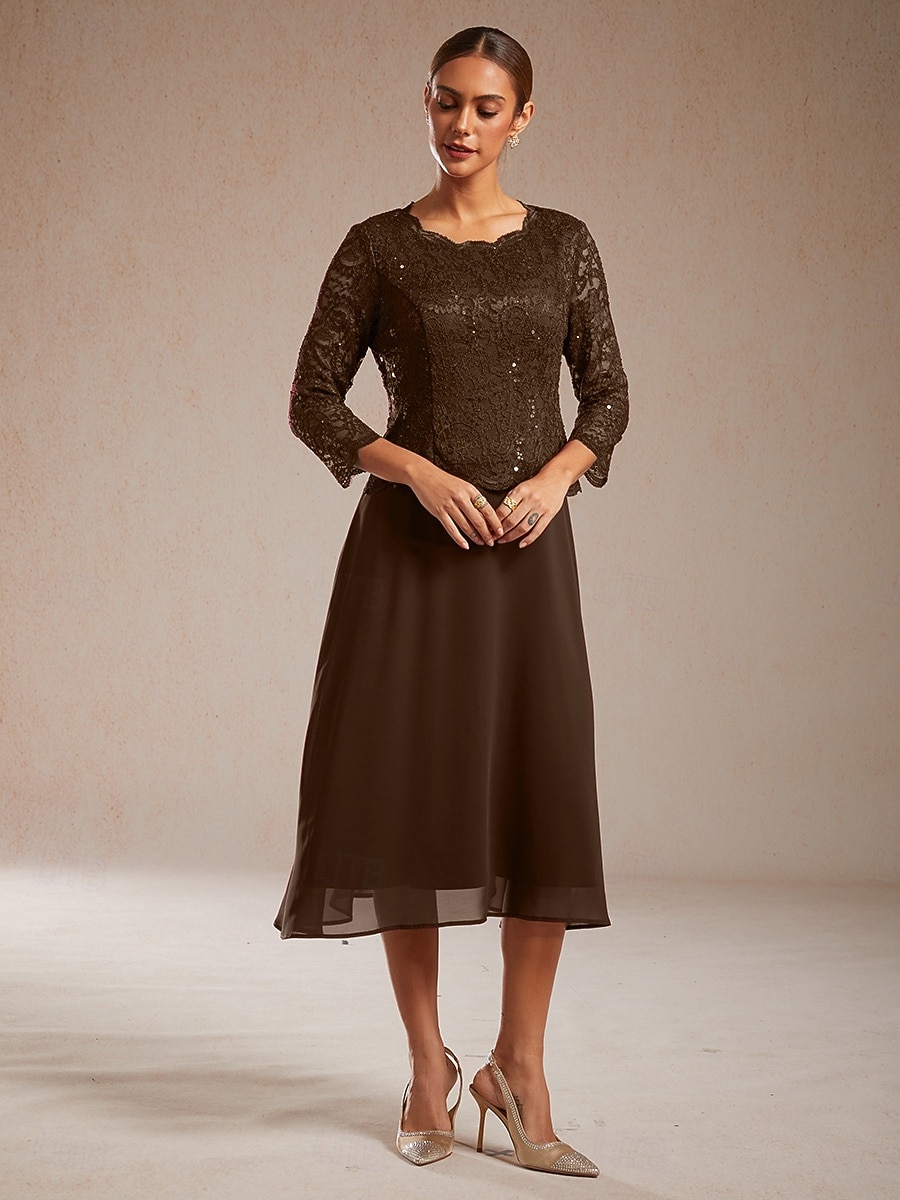 Per donna Abito Midi Vestito in Chiffon Abito a trapezio Elegante Ospite di nozze Cocktail party Allacciato Paillettes Vestibilità regolare Tinta unica Manica 3/4 Girocollo Caffè del 2026 a $103.99 –P7