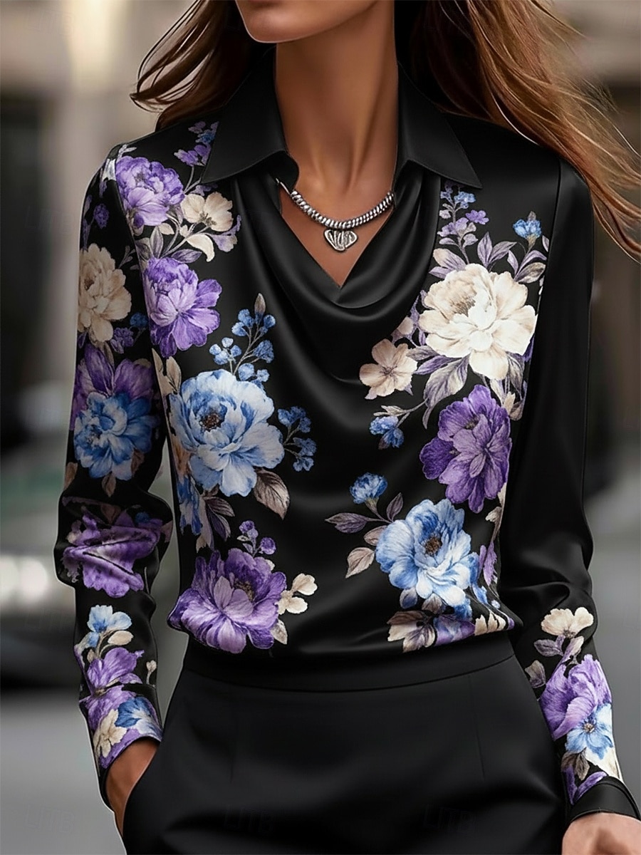 Pentru femei Cămașă Elegant Top din satin Bluze din Mătase  Imprimeu Decorat Floral Grafic Elegant Stilat Casual Manșon Lung Glugă Gât Topuri obișnuite Zilnic Muncă Concediu Negru Alb Mov Primăvar 2026 - $34.99 –P5