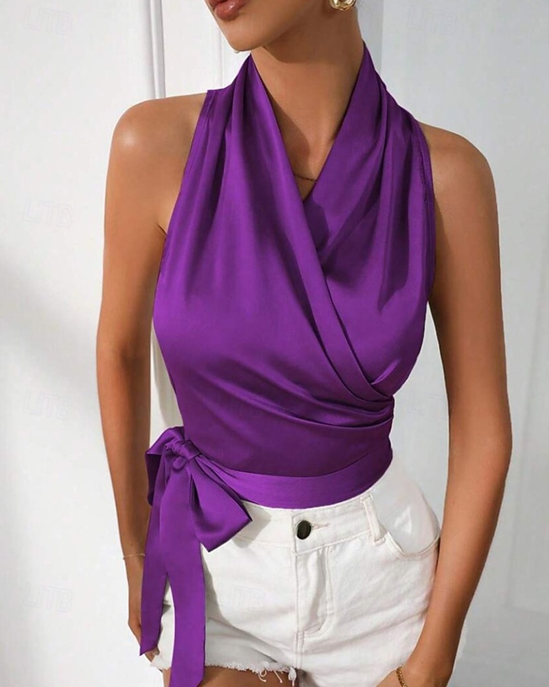 Жен. Блуза Открытая спина Полотняное плетение Стиль Секси Без рукавов НАЙКА НЕКО Обычные топы Праздники На выход Синий Черный Цвет шампанского Светло-зеленый Лиловый Лето Весна 2026 - BHD 10.12 –P6