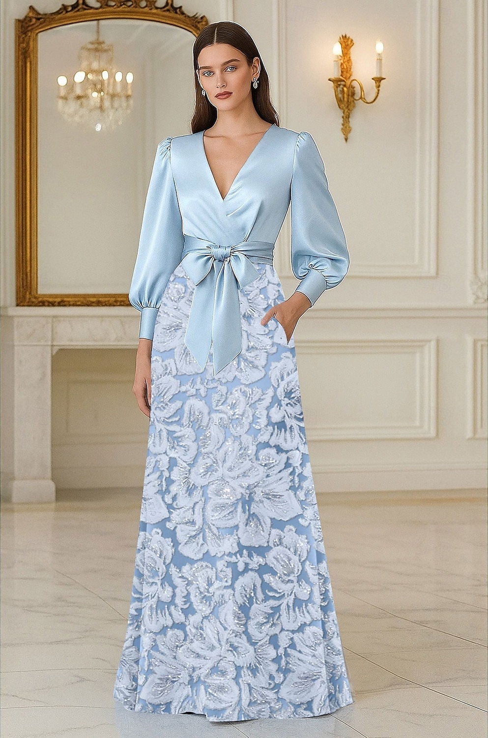 A-Line Floor Length Beaded Eembroidered Formal Dresses Mother of the Bride Dress Evening Gown Ball Gown Formal Dress Elegant Glittering Silky Long Sleeve V Neck Wedding Formal Pocket Satin Lace with 2026 - $219.99 –P1