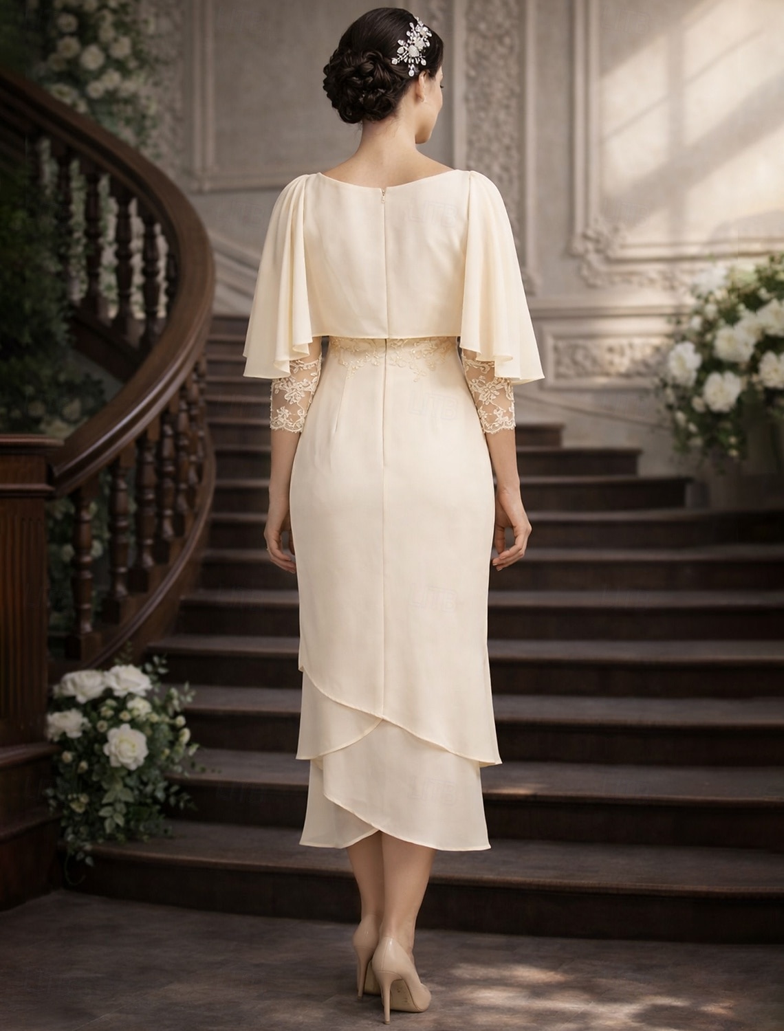 Strak kolom Over de knie Feestjurk Cocktail jurk Bruiloft gast jurk Moeder van de bruid jurk 3/4 mouw Ronde hals Elegant Petite Bruiloft gast Cocktailparty Bruiloft Chiffon met Kant Lagen Appliqués 2026 - $167.99 –P3