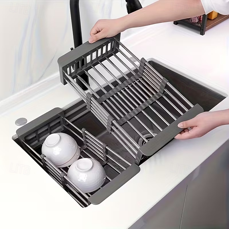 bővíthető rozsdamentes acél mosogató fölé helyezhető edénytartó &Összecsukható csepegtetőkosár konyhai szervező edényekhez, poharakhoz és zöldségekhez, többszintes kialakítás a hatékony mosáshoz és 2026 - $21.99 –P11
