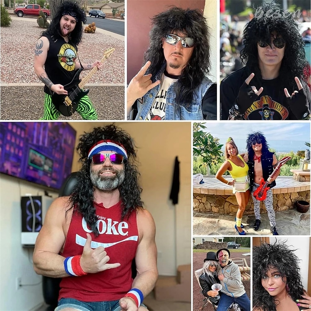 Herenpruik uit de jaren 80, lange zwarte krullende mulletpruik, herenkostuum, heavy metal rocker voor verkleedfeestjes en cosplay. 2026 - $32.99 –P7