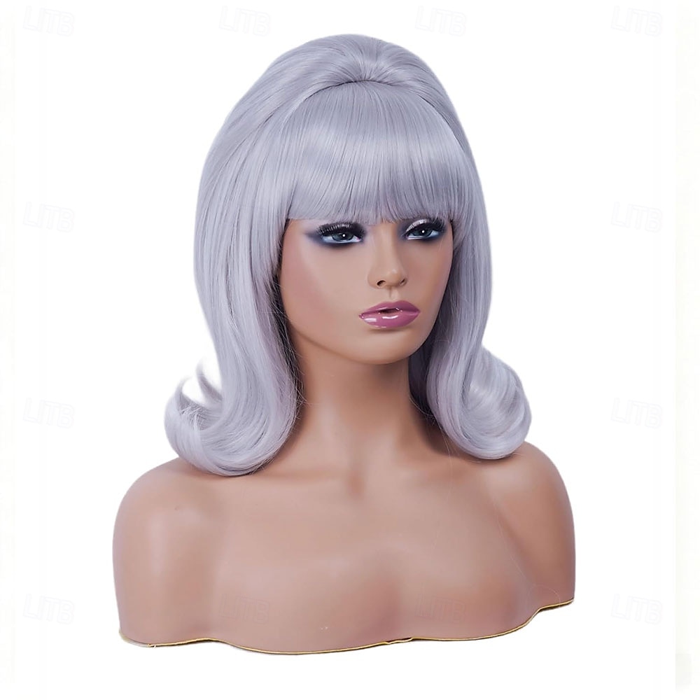 Vintage Short Wavy White Silver Wig with Bang Retro Bouffant Beehive Wigs fits 80s Costume or Halloween Party 2026 - $29.99 –P3