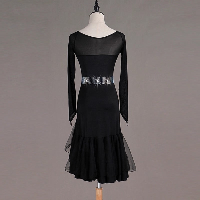 Women's Black Rhinestone Latin Dance Dress - Long Sleeve Mesh Ruffled Asymmetrical Ballroom Performance Dress 2026 - $150.99 –P8