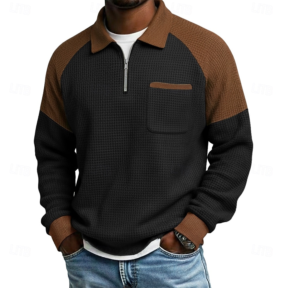 Pánské Vaflové tričko Polo na zip Dlouhý rukáv Polo límec Svetr Čtvrtletní zip Podzim Podzim zima Pevná barva Barevné bloky Tradiční a retro Na běžné nošení Slátanina Barevné bloky Ležérní Dom 2026 - $24.99 –P3