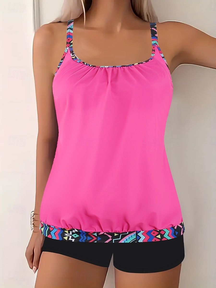 Bañador de tankini de 2 piezas para mujeres leopardo pantalones cortos control de abdomen alta cintura delgado espalda descubierta para vacaciones playa hojas cuello redondo sin mangas 2026 - $33.99 –P7
