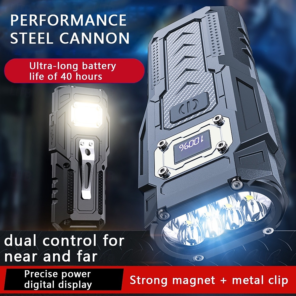 Latarka COB LED o dużej jasności z akumulatorem 1200 mAh, magnetycznym powerbankiem, cyfrowym wyświetlaczem poziomu naładowania baterii, oświetleniem wielotrybowym z klipsem, konstrukcją ABS do 2026 - $17.99 –P6