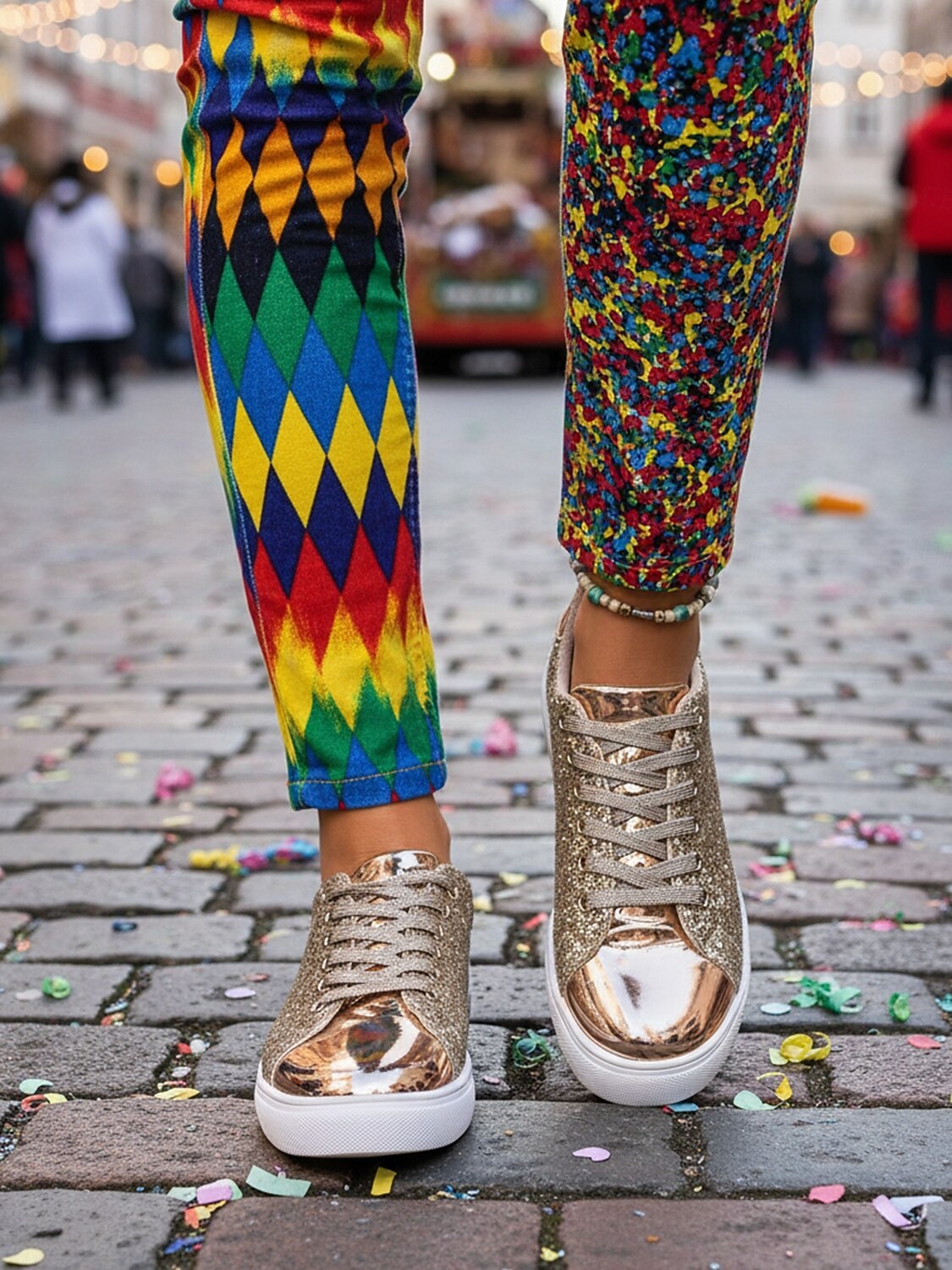 2026年 ウィメンズ・マルディグラ・ゴールドグリッターのスパークリースニーカー、メタリックトーキャップ付き – カーニバル、ニューイヤーズイブ  カジュアルグラム用のブリングレースアップフラットシューズ  コレクション – $34.99 –P5