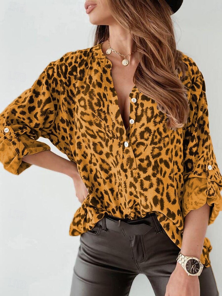Women's Blouse Buttons Print Leopard Vintage Casual Long Sleeve Shirt Collar Regular Tops Daily Silver Yellow Apricot Spring Fall 2026 - $21.99 –P1