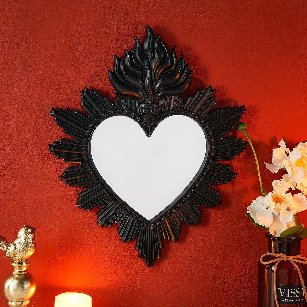Wanddekor-Spiegel mit flammendem Herzmotiv, handgefertigter Hängeschmuck in Form eines flammenden Herzens, Wandkunst im europäischen Stil für Wohnzimmer, Schlafzimmer, Arbeitszimmer, religiöse 2026 - $33.99 –P6