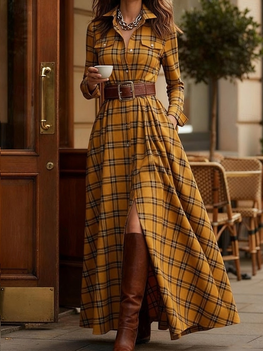 Damen Maxikleid Shiftkleid Urlaub Lässig Boho Täglich Normale Passform Karomuster Langarm Hemdkragen Blau Gelb Rosa Rote Frühling Herbst Winter 2026 - $58.99 –P7