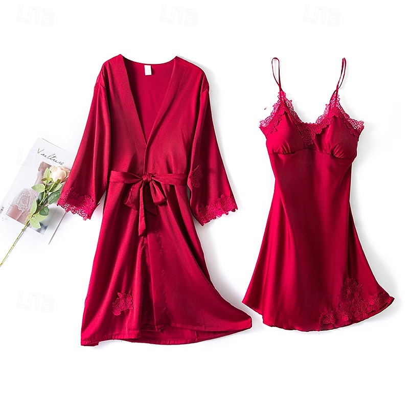 Damskie Odzież domowa Koszula nocna Moda Seksowny Codzienny Czyste kolory Niejednolita całość Sukienka Dom Urlop Długi rękaw W serek Czarny Rumiany róż Wino Złoty Ciemnoniebieski Lato Wiosna Jesień 2026 - $33.99 –P1