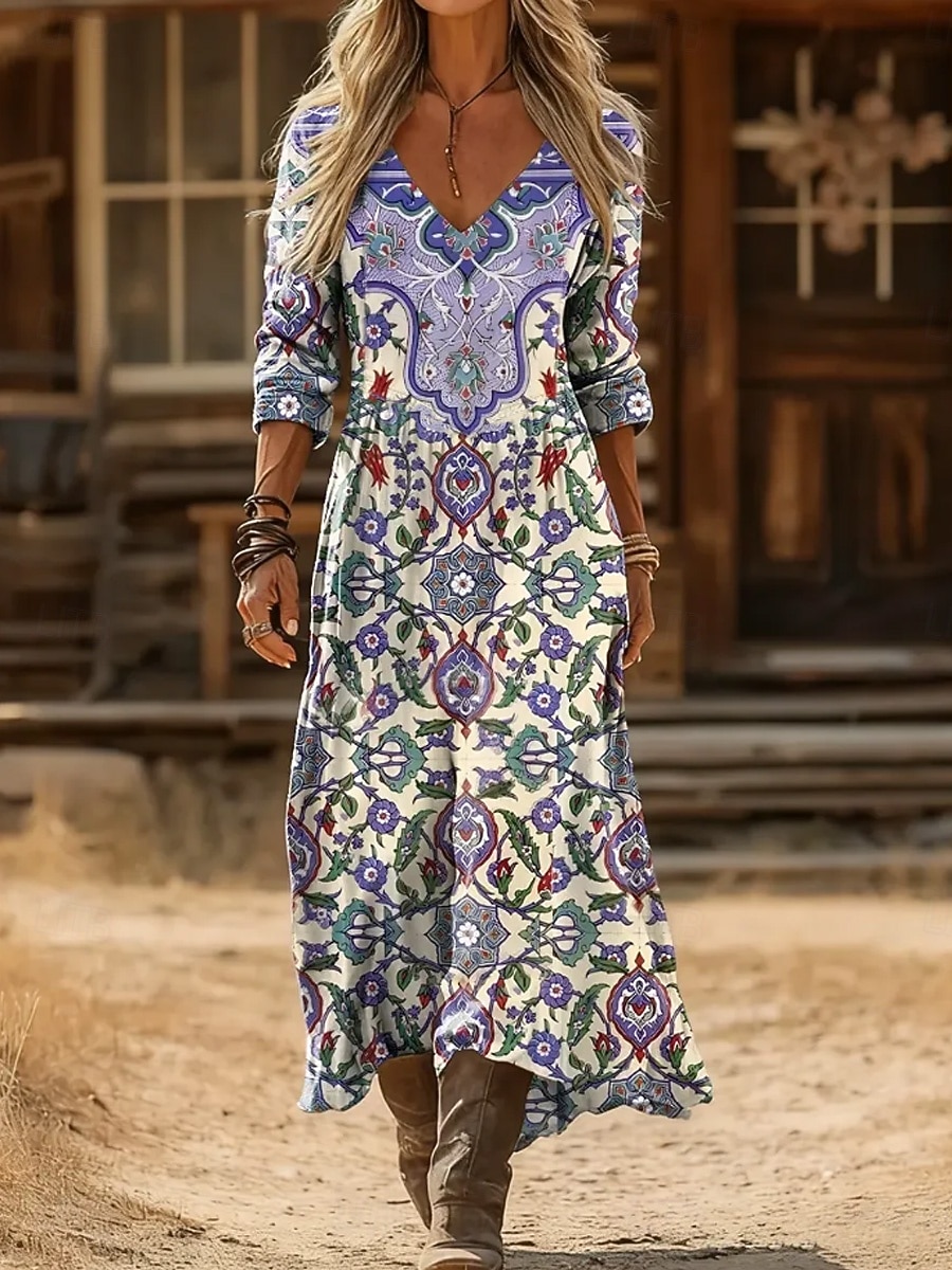 Женское макси-платье Boho Платье-обтягиватель Вечеринка Повседневное Ежедневная Встреча На выход Обычная посадка Графический Геометрический Пейсли Длинный рукав V-образный вырез Синий Черный 2026 - $37.99 –P5