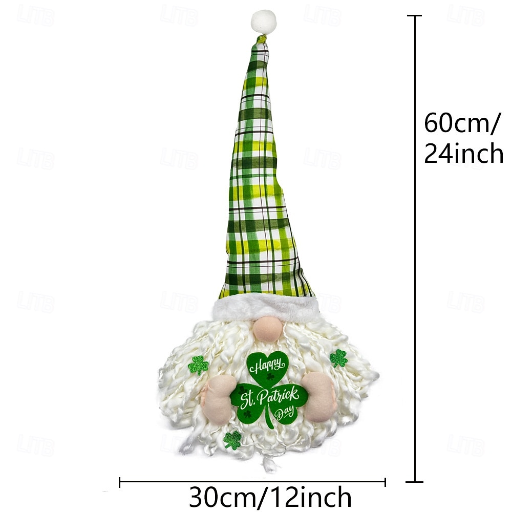 Szent Patrik-napi ír koszorú LED-es fényekkel, lóhere, arctalan baba, törpe dísz, 60x30cm, beltéri/kültéri veranda, fali dekoráció, nappali, étkező, parti ünnepi dekoráció 2026 - $17.99 –P2