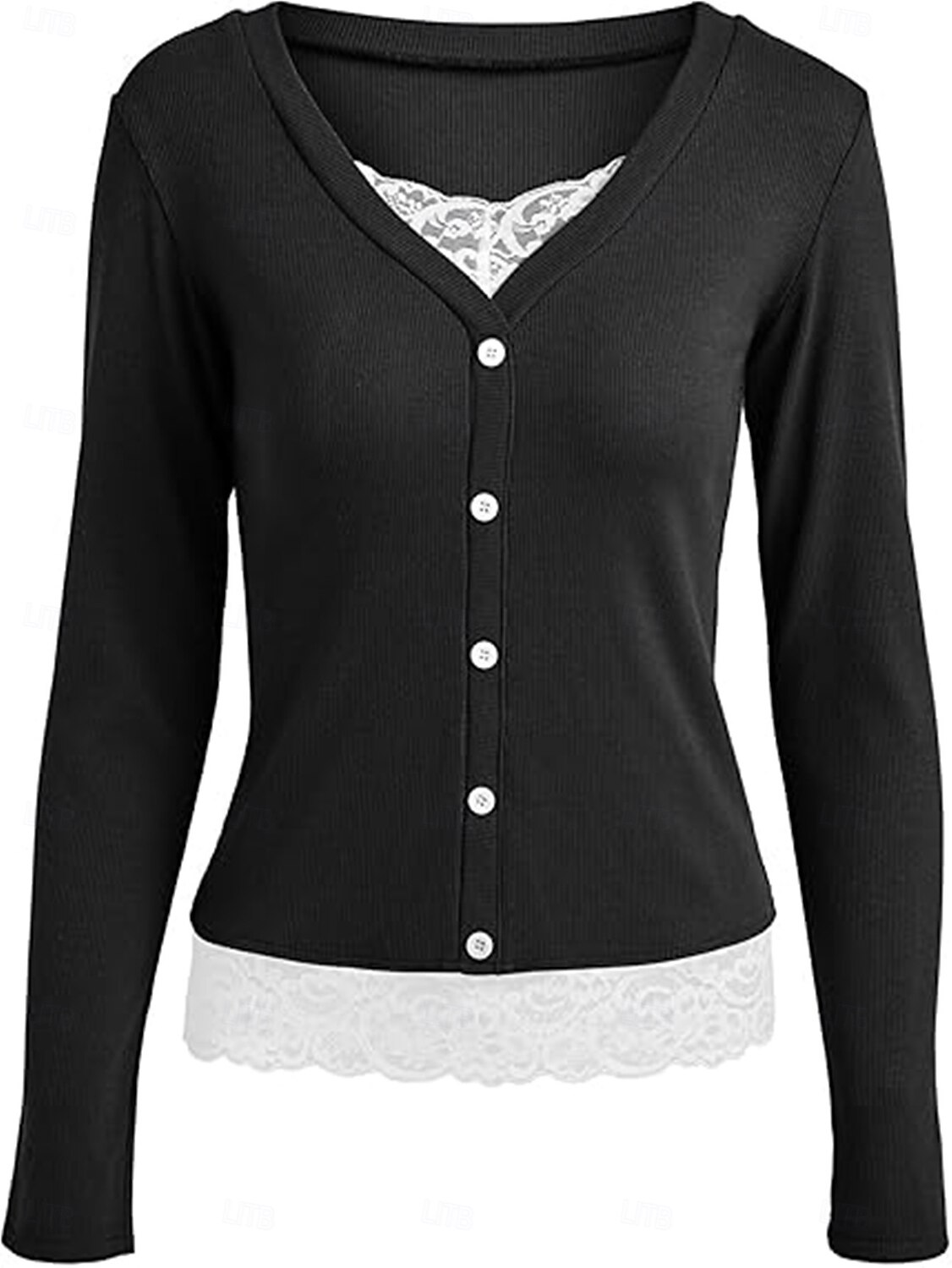 Mulheres Blusa Renda Patchwork Botões Côr Sólida Elegante à moda Casual Manga Longa Decote V Tops regulares Diário Preto Rosa Vermelho Marron Verde Primavera Outono Inverno de 2026 por $25.99 –P17