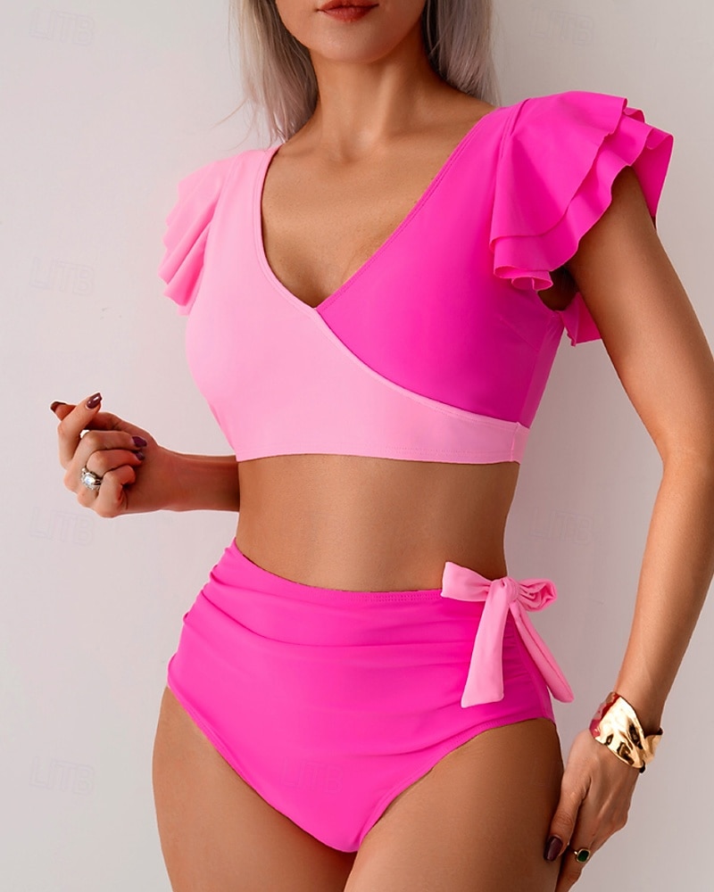 Γυναικεία Μαγιό 2 κομμάτι Προκλητικό Μαγιό Σουρωτά Κουρελού Εξώπλατο Διακοπές Ρούχα παραλίας Συνδυασμός Χρωμάτων Λαιμόκοψη V Αμάνικο Μαγιό 2026 - $25.99 –P8