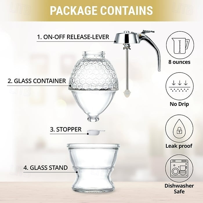 Dozator de miere din sticlă fără picurare cu capac din plastic, dozator de sirop, borcan de miere cu cioc de turnare ușor, fără mizerie și convenabil pentru bucătărie, masă și micul dejun 2026 - $4.99 –P3