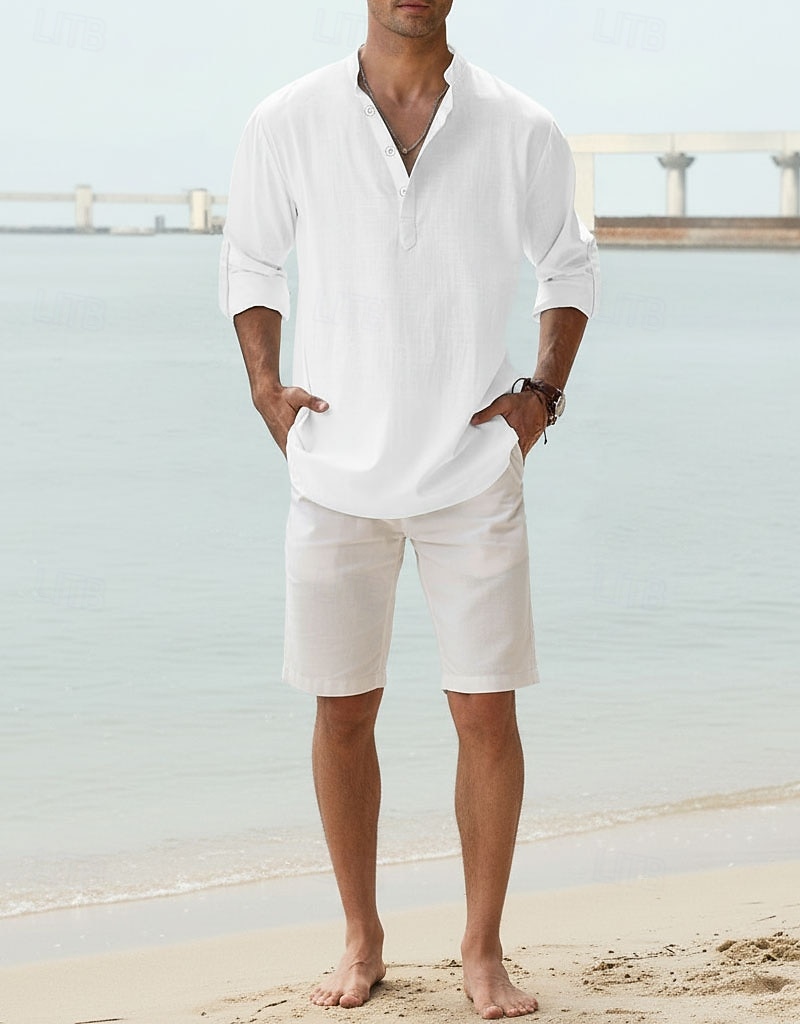 Per uomo Camicia Camicia di lino Camicia Estiva Camicia da Spiaggia Semplice Vacanza Camicia hawaiana Blu Nero Bianco Rosa Manica Lunga Collo alla coreana Primavera & Estate Abbigliamento Base del 2026 a $22.99 –P5
