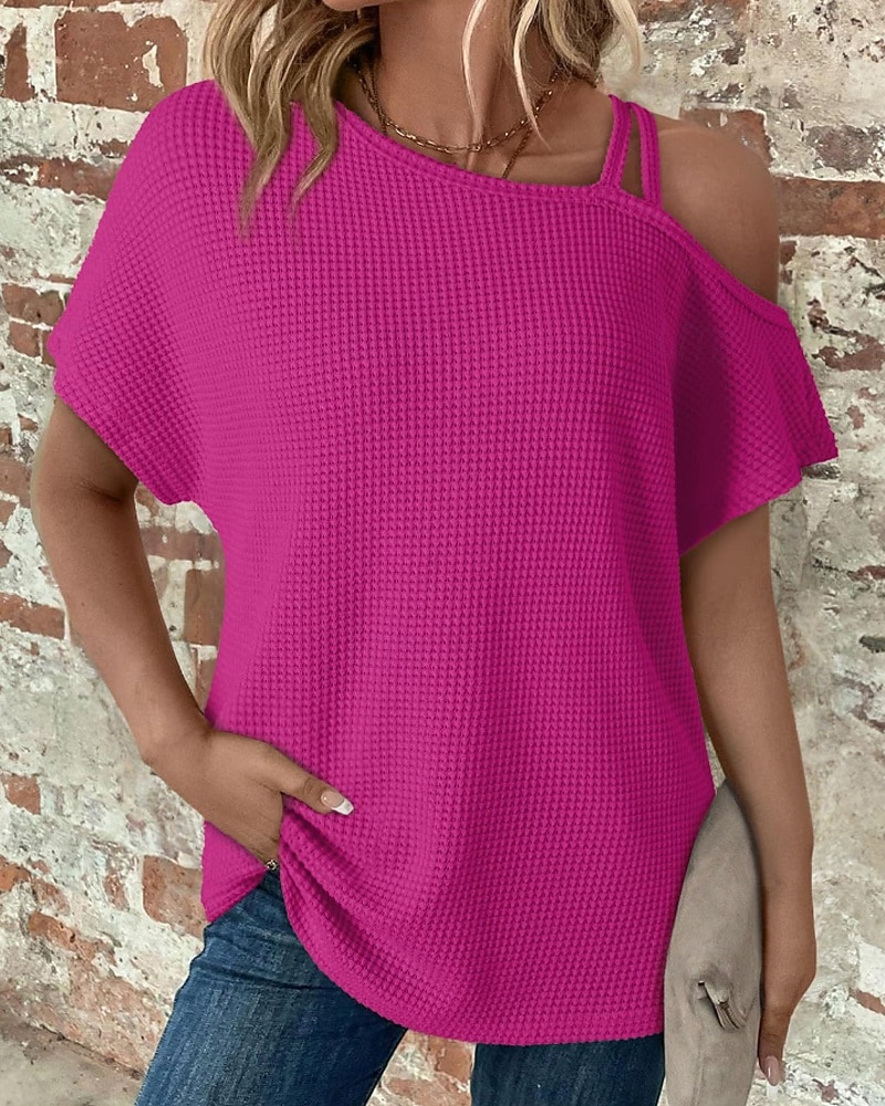 Mujer Camiseta Color sólido Vintage Elegante Manga Corta Cuello asimétrico Tops regulares Diario Noche Fin de semana Negro Blanco Rosa Caqui Verano Primavera 2026 - $25.99 –P17
