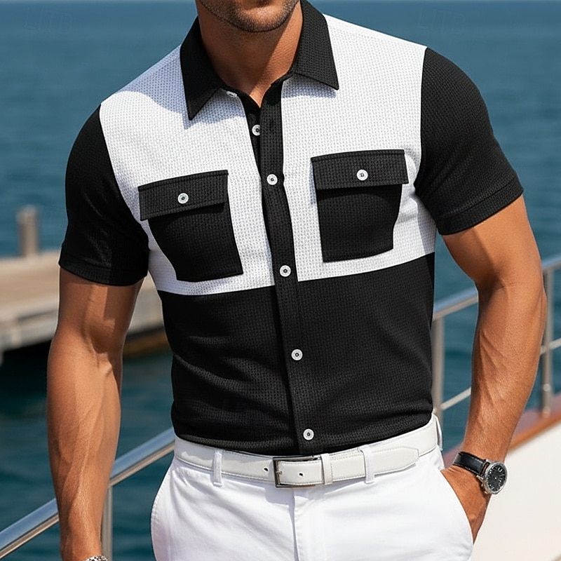 Men's Shirt Waffle Shirt Texture Casual Shirt Button Up Shirt Black Burgundy Military Green Gray Short Sleeve Plain Shirt Collar Casual Daily Front Pocket Clothing Apparel Elegant Fashion Casual 2026 - $25.99 –P2