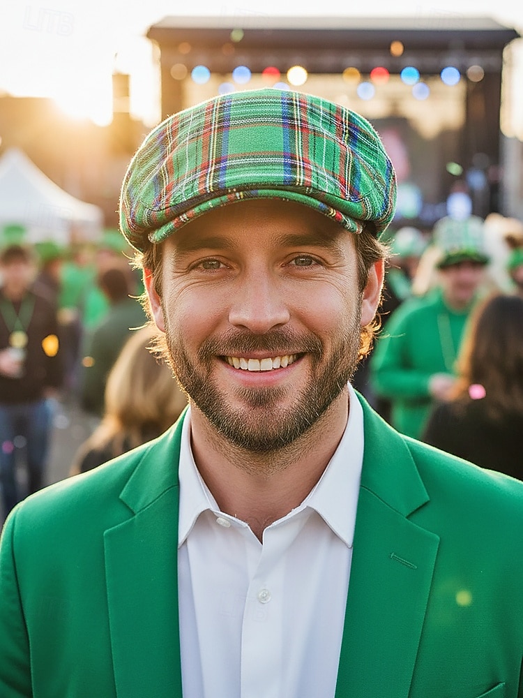 Șapcă plată în carouri pentru bărbați, cu tematică de Ziua Sfântului Patrick, țesătură din amestec de bumbac și poliester, opțiuni multiple de culoare, pălărie de vânzător de ziare casual și vintage pentru parade, petreceri, festivaluri și sărbători 2026 - $14.99 –P1